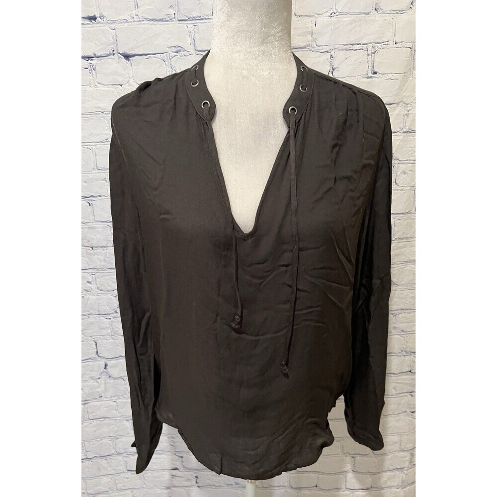 Cloth & Stone Blouse Womens Olive Small Long Sleeve V-Neck High-Low Tie Neck - Picture 1 of 7